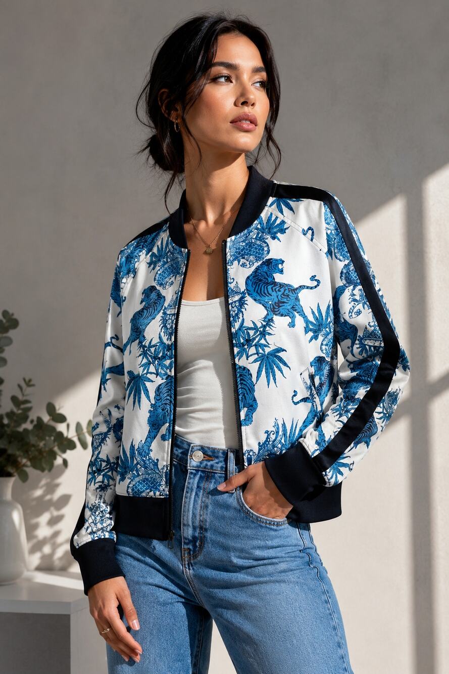 Pam & Gela Tiger Dragon Toile Bomber Jacket Blue White Track Zip Large L
